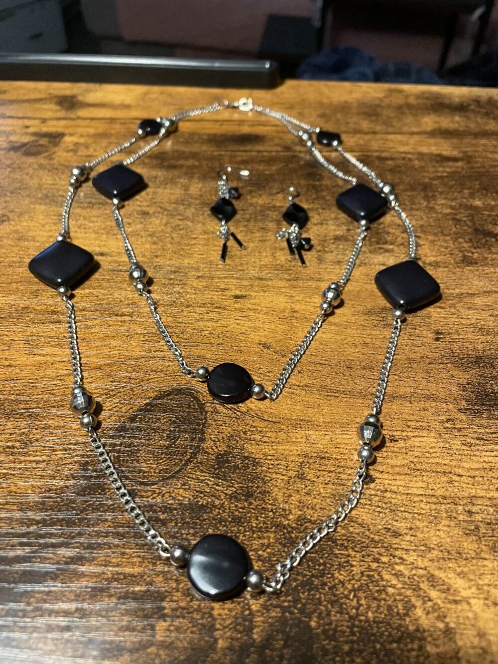 • Whimsical Gothic/Boho Matte Black Stone Layering Necklace & Drop Earrings